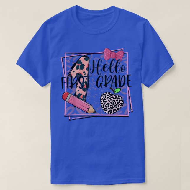 Kids Hello First Grade Pink Leopard 1st Grade Back T-Shirt (Design Front)