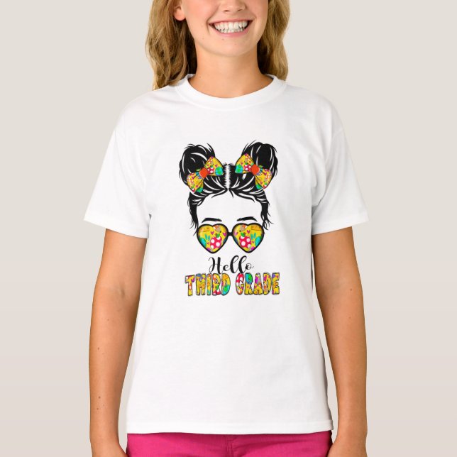 Kids Hello Third Grade Messy Bow Girls 3rd Grade  T-Shirt (Front)
