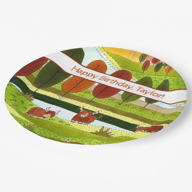 Kids Highland Cows Farm Birthday Party Paper Plate (Angled)