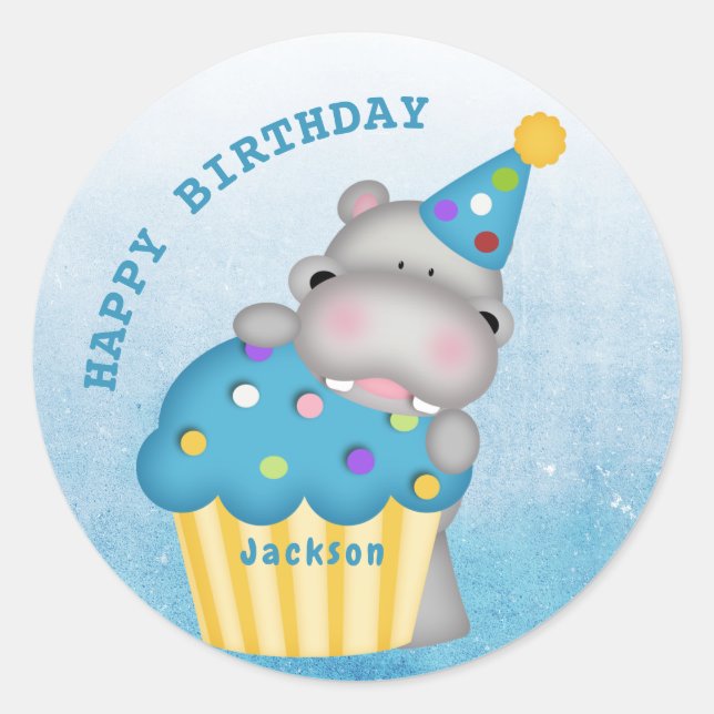 Kids Hippo Birthday Cupcake Sprinkles Personalized Classic Round Sticker (Front)