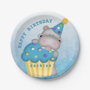 Kids Hippo Birthday Cupcake Sprinkles Personalized Paper Plate