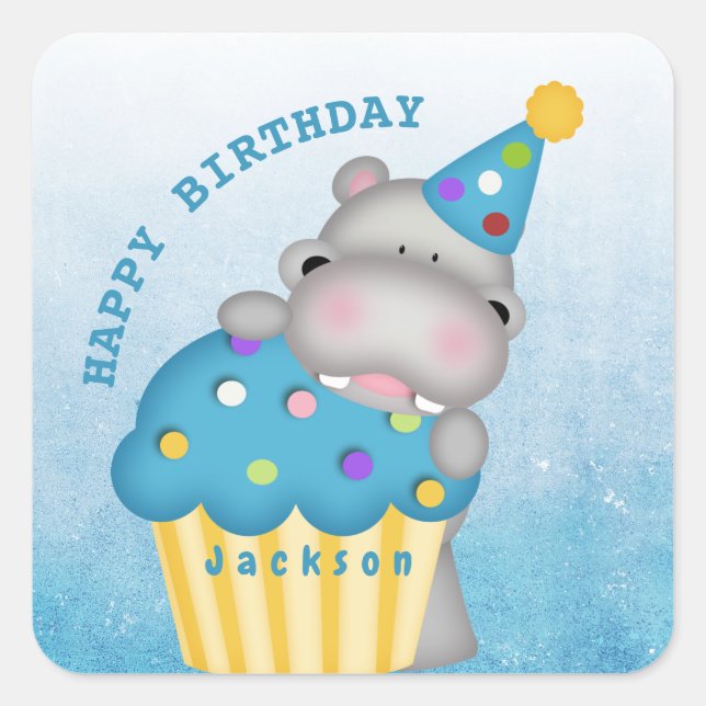 Kids Hippo Birthday Cupcake Sprinkles Personalized Square Sticker (Front)