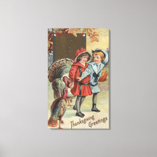 Kids Holding a Pumpkin, Turkeys Canvas Print
