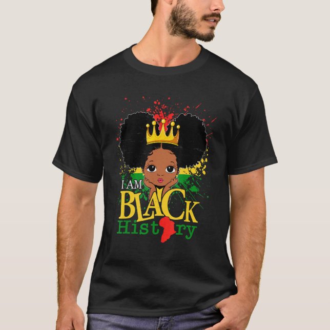Kids I Am Black History Girls Little Melanin Queen T-Shirt (Front)