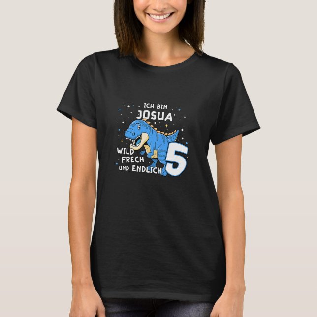 Kids I am Josua finally 5 Blue Dino TRex Kids Germ T-Shirt (Front)