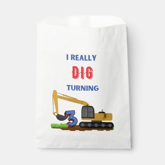 Kids I Really Dig Turning 3 Excavator  Favour Bag (Front)