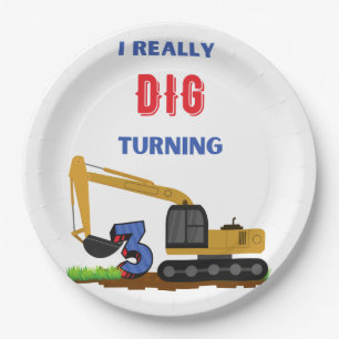 Kids I Really Dig Turning 3 Excavator   Paper Plate
