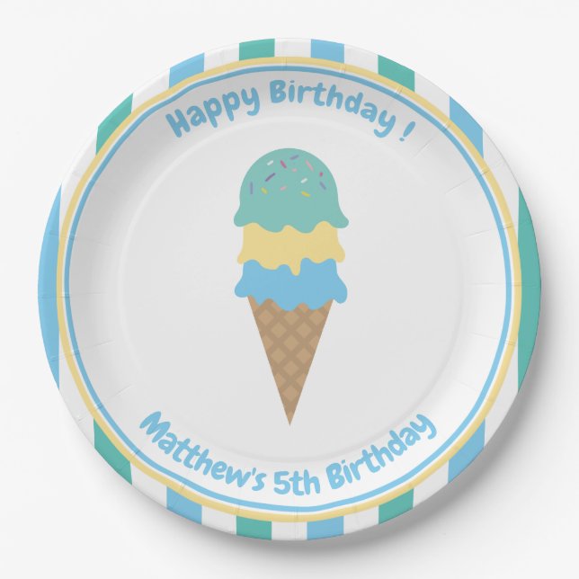 Kid's Ice Cream  Party Blue Green Stripes Paper Plate (Front)