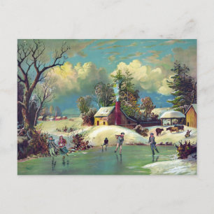 Kids Ice Skating on Frozen Lake Postcard