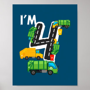 Kids I'm 4 Year Old Birthday Boy Garbage Truck Poster