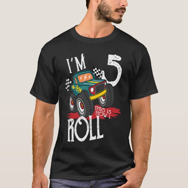 Kids I'm 5 This Is How I Roll Monster Truck 5th Bi T-Shirt (Front)