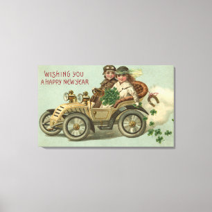 Kids in a Car with Shamrocks Canvas Print