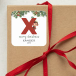 Kids Initial X Christmas Square Sticker<br><div class="desc">Give the gift of personalized charm this Christmas! Our monogram stickers,  featuring Santa's elf hiding behind the letter X,  are a unique and thoughtful way to show your love. Customize with a name,  year and a heartfelt greeting. Make your Christmas gifts stand out!</div>