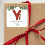 Kids Initial Y Christmas Square Sticker<br><div class="desc">Give the gift of personalized charm this Christmas! Our monogram stickers,  featuring Santa's elf hiding behind the letter Y,  are a unique and thoughtful way to show your love. Customize with a name,  year and a heartfelt greeting. Make your Christmas gifts stand out!</div>