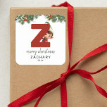 Kids Initial Z Christmas Square Sticker<br><div class="desc">Give the gift of personalized charm this Christmas! Our monogram stickers,  featuring Santas Elf hiding behind the letter Z,  are a unique and thoughtful way to show your love. Customize with a name,  year and a heartfelt greeting. Make your Christmas gifts stand out!</div>