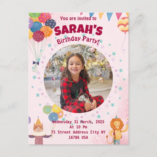  kids invitation birthday party (girl) postcard (Front)