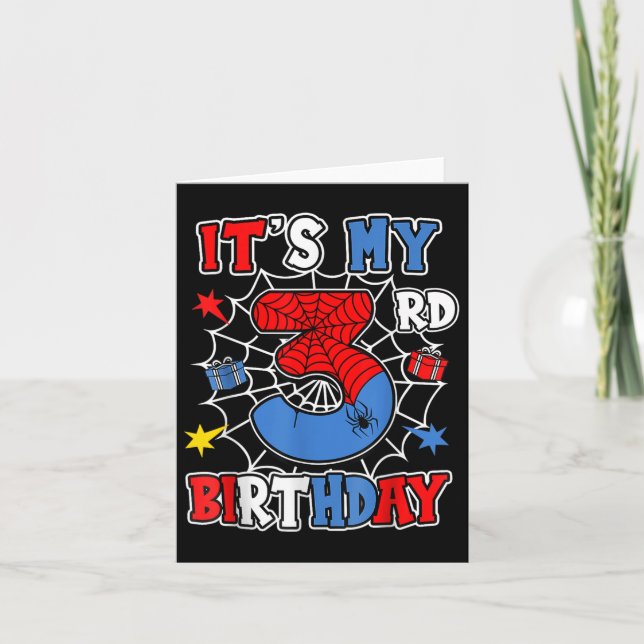 Kids Its My 3rd Birthday Spider Theme Party 3 Year Card (Front)
