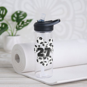 kids jersey number on group of soccer balls water bottle