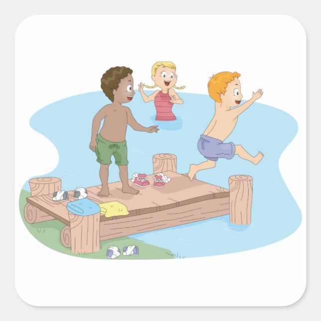Kids Jumping Into Lake Summer Swimming Square Sticker (Front)