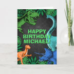 Kids Jurassic Dino Dinosaur Personalized Birthday Card<br><div class="desc">This dinosur design is great for the birthday boy in your life. Give them a dino-mite bday with this dino themed design featuring a trex,  triceratops,  brontosaurus,  and kidnapper.</div>