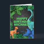 Kids Jurassic Dino Dinosaur Personalized Birthday Card<br><div class="desc">This dinosur design is great for the birthday boy in your life. Give them a dino-mite bday with this dino themed design featuring a trex,  triceratops,  brontosaurus,  and kidnapper.</div>