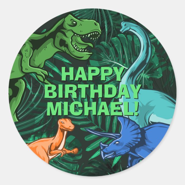 Kids Jurassic Dino Personalized Dinosaur Birthday Classic Round Sticker (Front)