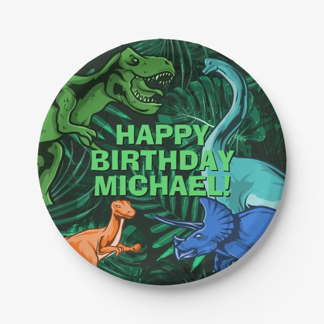 Kids Jurassic Dino Personalized Dinosaur Birthday Paper Plate (Front)