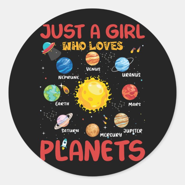 Kids Just Girl Who Loves Planets Solar Space Scien Classic Round Sticker (Front)