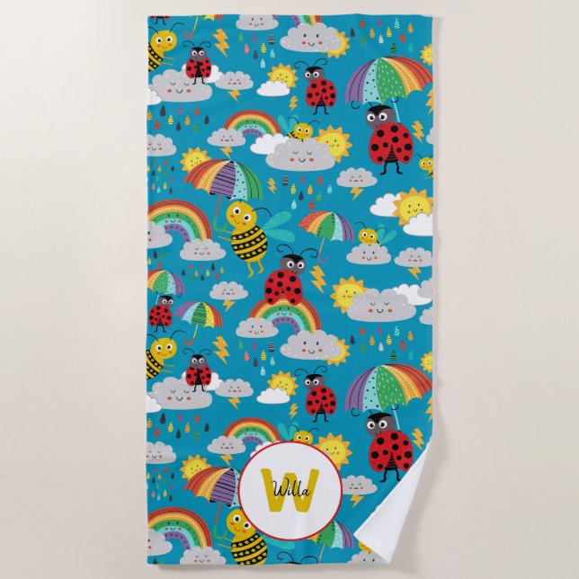 Kids Ladybug Bumblebee Rainbows Personalized Beach Towel (Front)