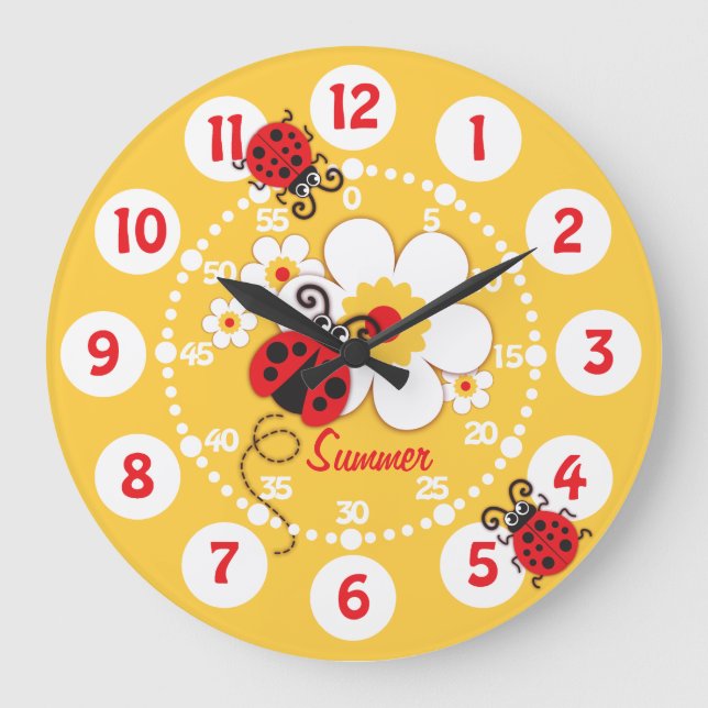 Kids ladybug & flower cute yellow girls wall clock (Front)