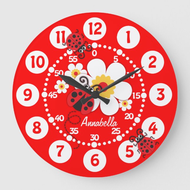 Kids ladybug & flowers bright red wall clock (Front)