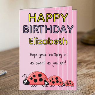 Kids ladybugs add name pink birthday card