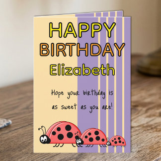 Kids ladybugs add name purple birthday card