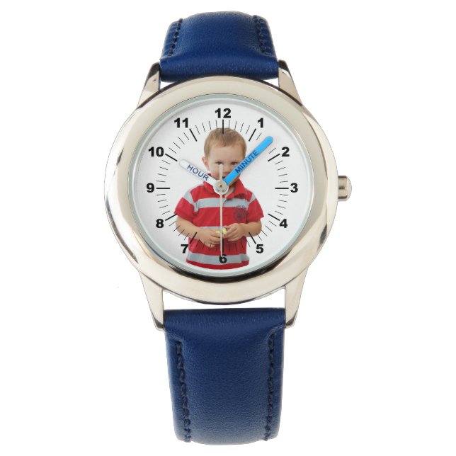 Kid's Leather Strap Watch - Personalized - Blue (Front)