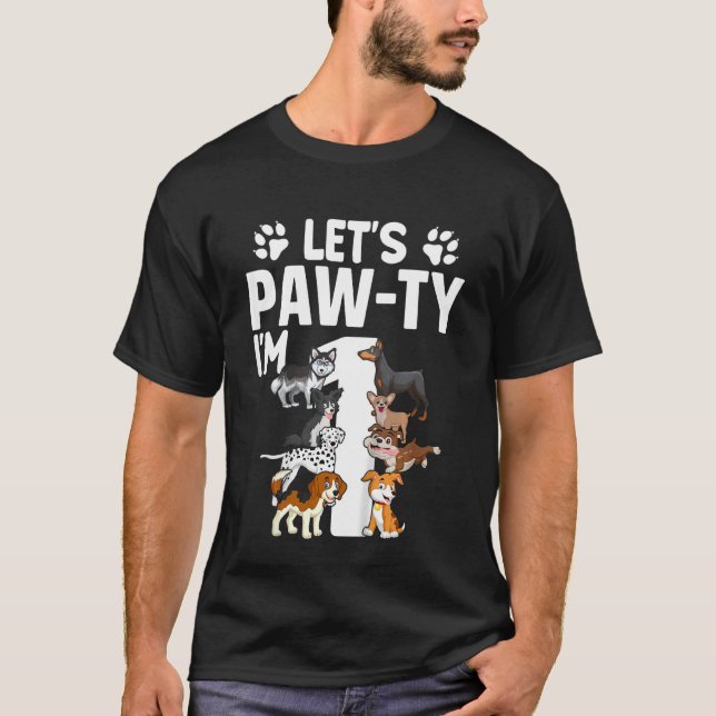 Kids Lets Pawty I'm 1 Puppy Dog 1st Birthday Party T-Shirt (Front)