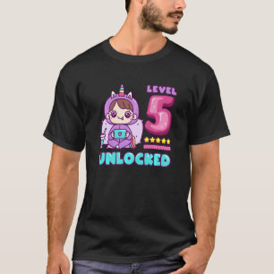 Kids Level 5 Unlocked Unicorn Gamer Girl Birthday  T-Shirt