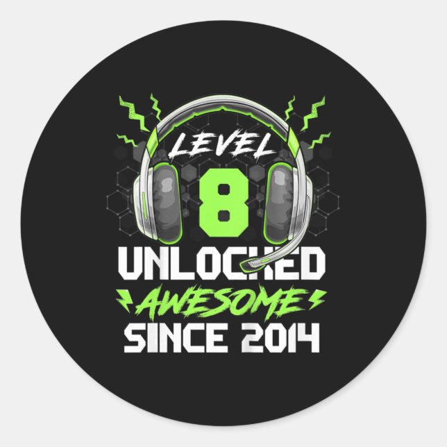 Kids Level 8 Unlocked Awesome Since 2014 8th Birth Classic Round Sticker (Front)