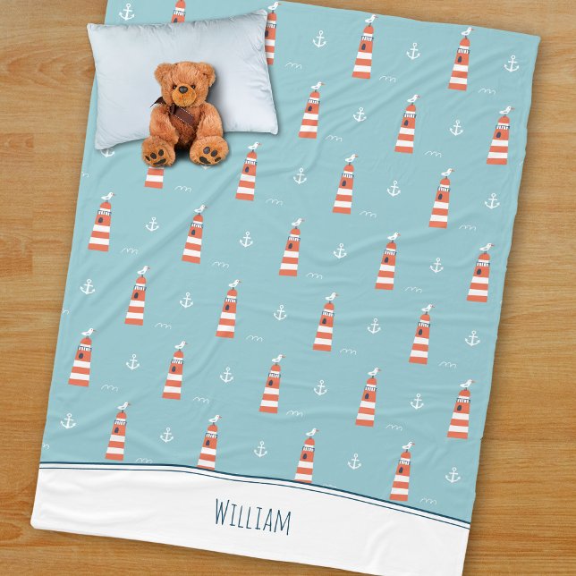 Kids Lighthouse and Anchor Pattern on Blue Fleece Blanket (Creator Uploaded)