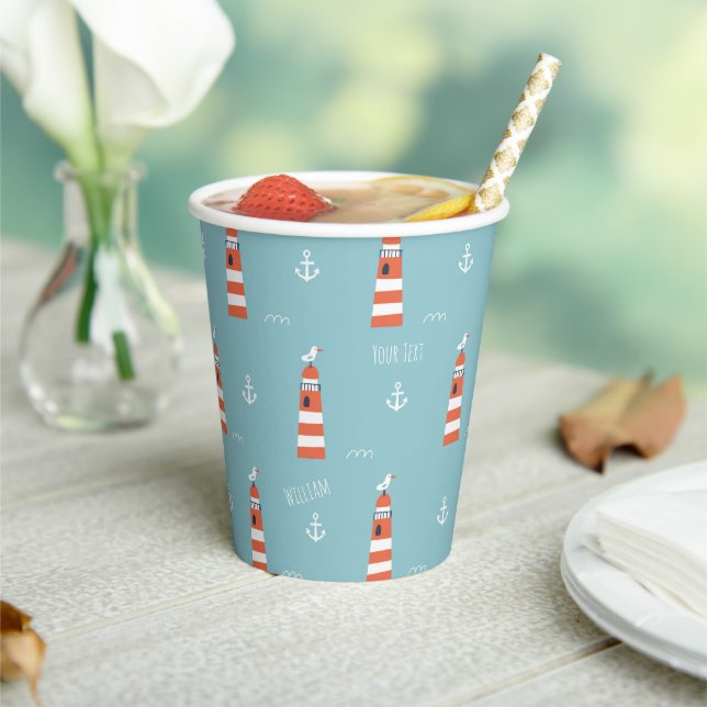 Kids Lighthouse and Anchor Pattern on Blue Paper Cups (Insitu)