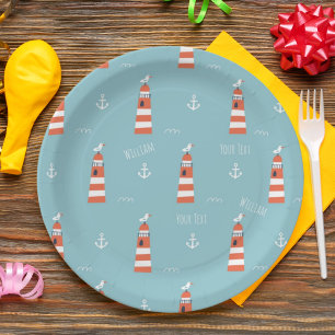 Kids Lighthouse and Anchor Pattern on Blue Paper Plate