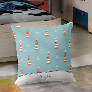 Kids Lighthouse and Anchor Pattern on Blue Throw Pillow