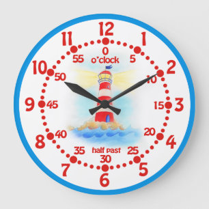 Kids lighthouse learn time blue white wall clock
