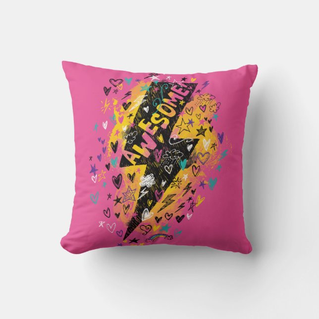 Kids Lightning Bolt Awesome Doodle Pink Throw Pillow (Front)