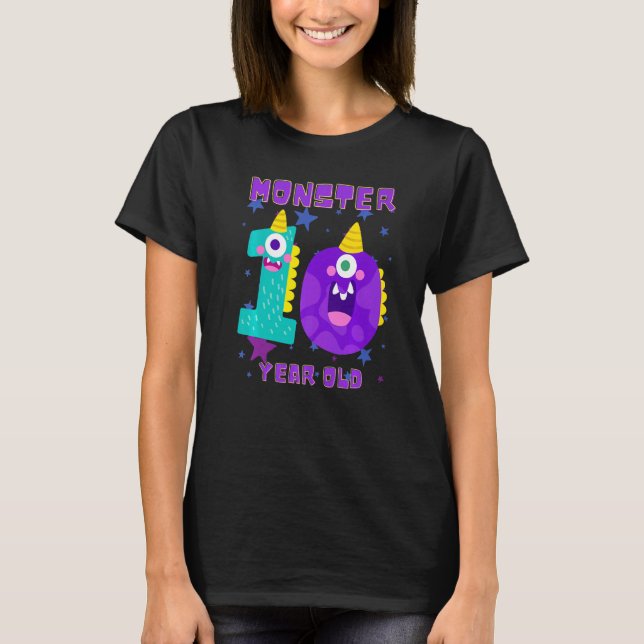 Kids Little Monster 10 Year Old Happy 10th Birthda T-Shirt (Front)