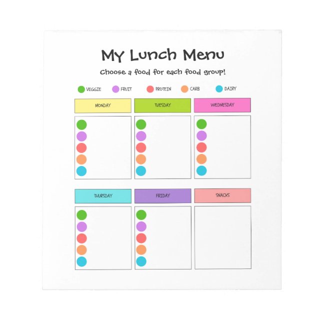 Kids Lunch Planner with Food Groups Notepad (Front)