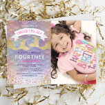 Kids Magical Mermaid Birthday Party Photo Invitation<br><div class="desc">Under the sea birthday invitations featuring a photo of your child,  a colourful pastel mermaid scallop pattern backdrop,  sparkly gold and pink glitter,  seaweed,  two gold glitter mermaid tails,  and a modern kids birthday party template that is easy to personalize.</div>