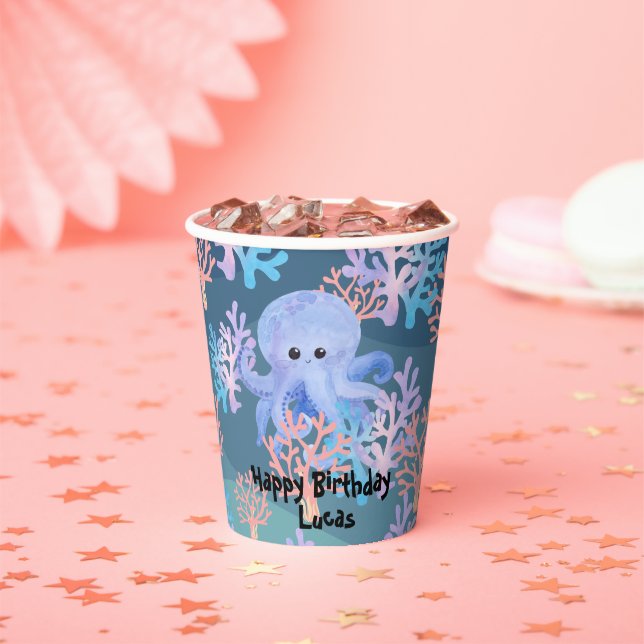 kids magical octopus under sea Navy blue gradient  Paper Cups (Insitu)