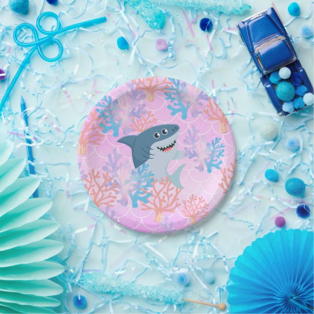 kids magical shark under the sea rainbow gradient  paper plate (Party)