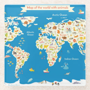 Kids Map of the World With Animals Glass Coaster