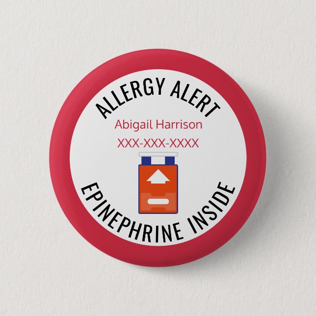 Kids Medical Alert Allergy Epinephrine Inside 2 Inch Round Button (Front)